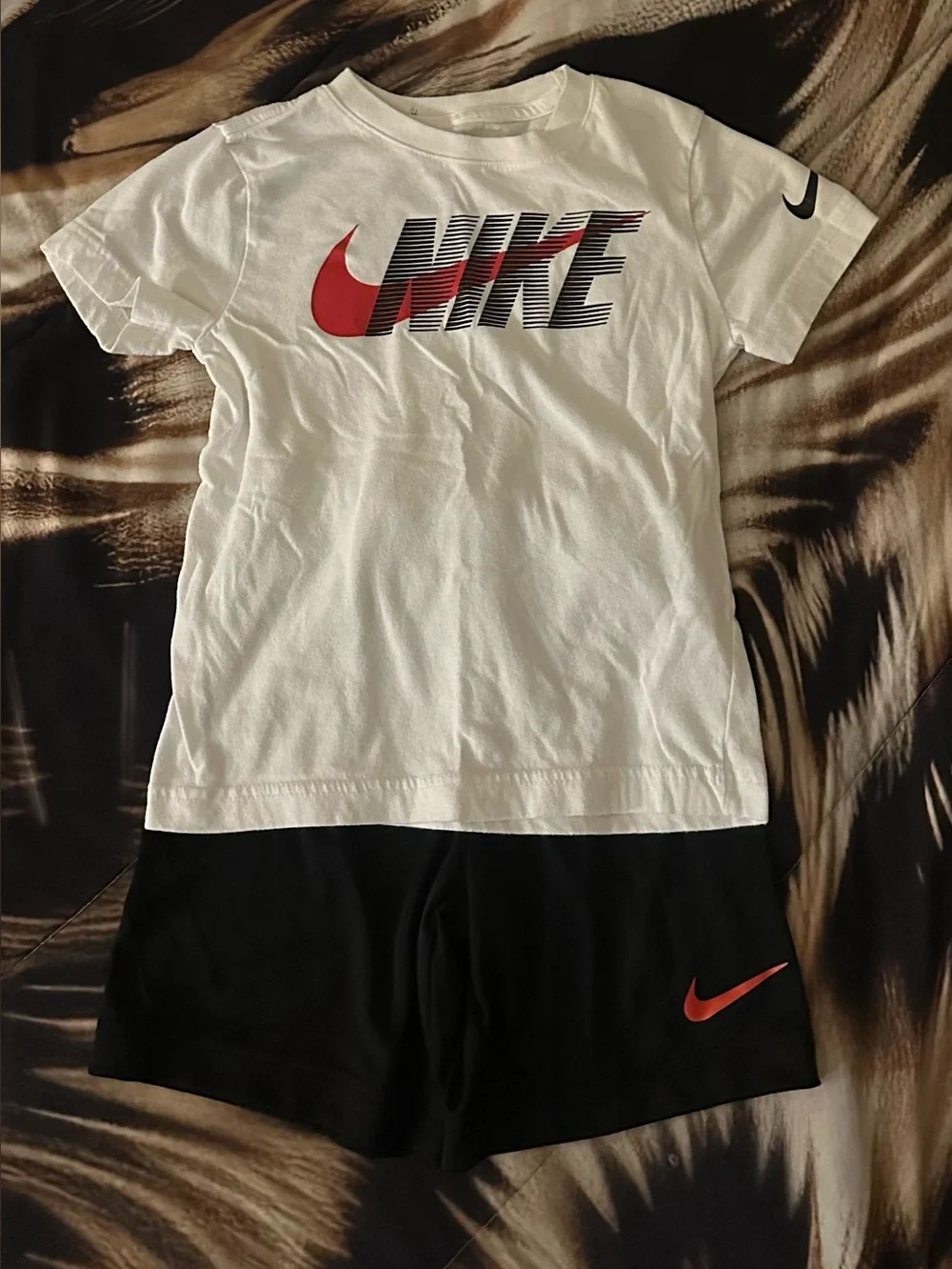 Nike White Tee and Black Shorts Set with Red Swoosh